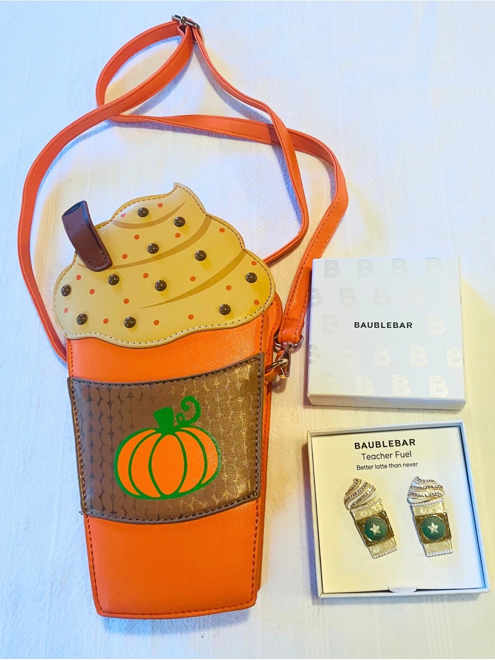 NWT BaubleBar Teacher Fuel Earrings & Pumpkin Spice Latte Crossbody Bag Set